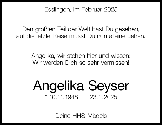 Traueranzeige von Angelika Seyser von Eßlinger Zeitung/Cannstatter Zeitung