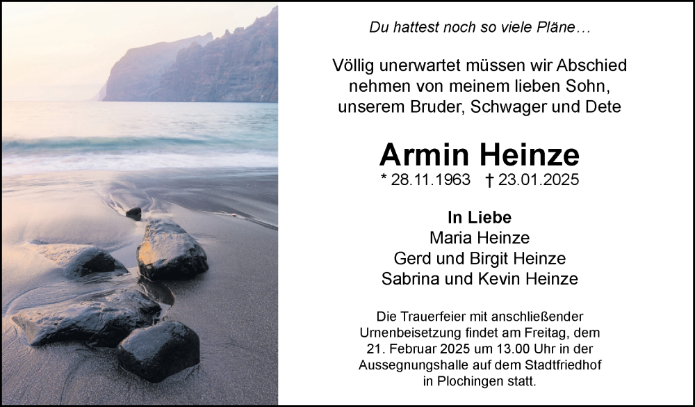  Traueranzeige für Armin Heinze vom 18.02.2025 aus Eßlinger Zeitung/Cannstatter Zeitung
