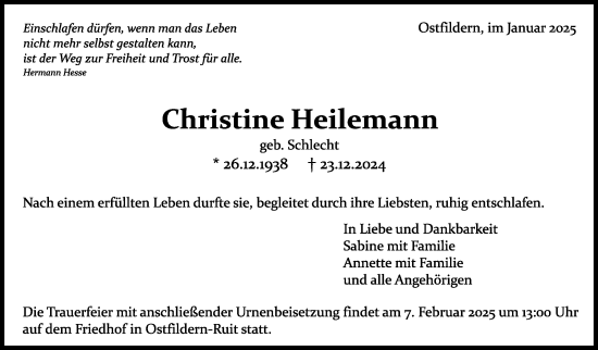 Traueranzeige von Christine Heilemann von Eßlinger Zeitung/Cannstatter Zeitung