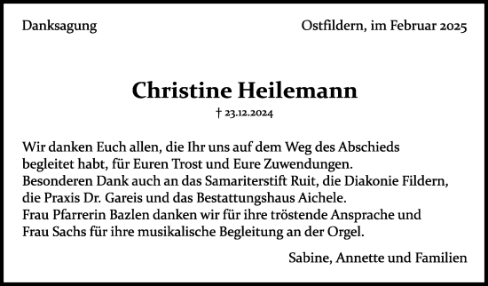 Traueranzeige von Christine Heilemann von Eßlinger Zeitung/Cannstatter Zeitung