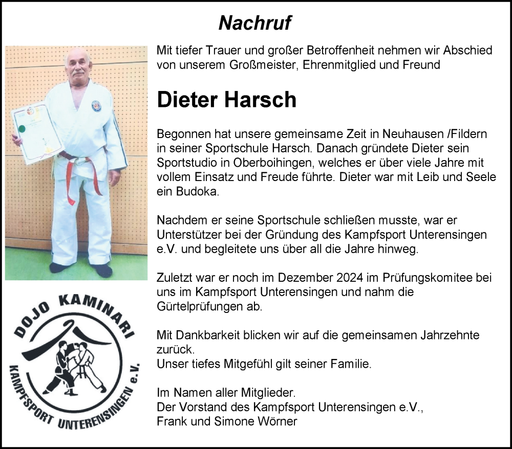  Traueranzeige für Dieter Harsch vom 08.02.2025 aus Eßlinger Zeitung/Cannstatter Zeitung