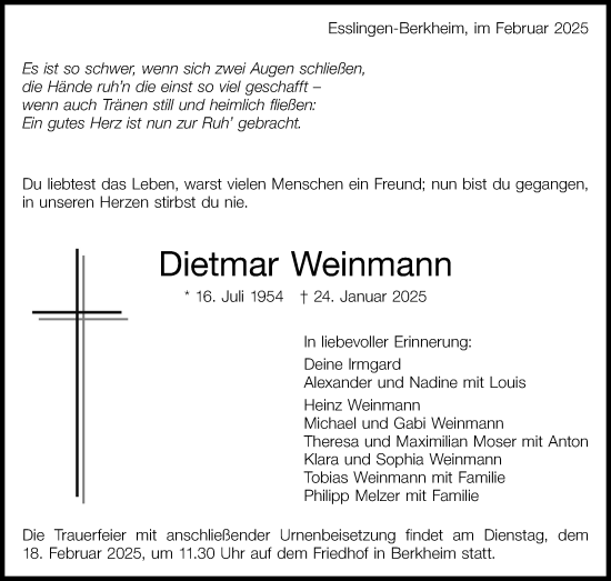 Traueranzeige von Dietmar Weinmann von Eßlinger Zeitung/Cannstatter Zeitung