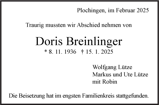 Traueranzeige von Doris Breinlinger von Eßlinger Zeitung/Cannstatter Zeitung