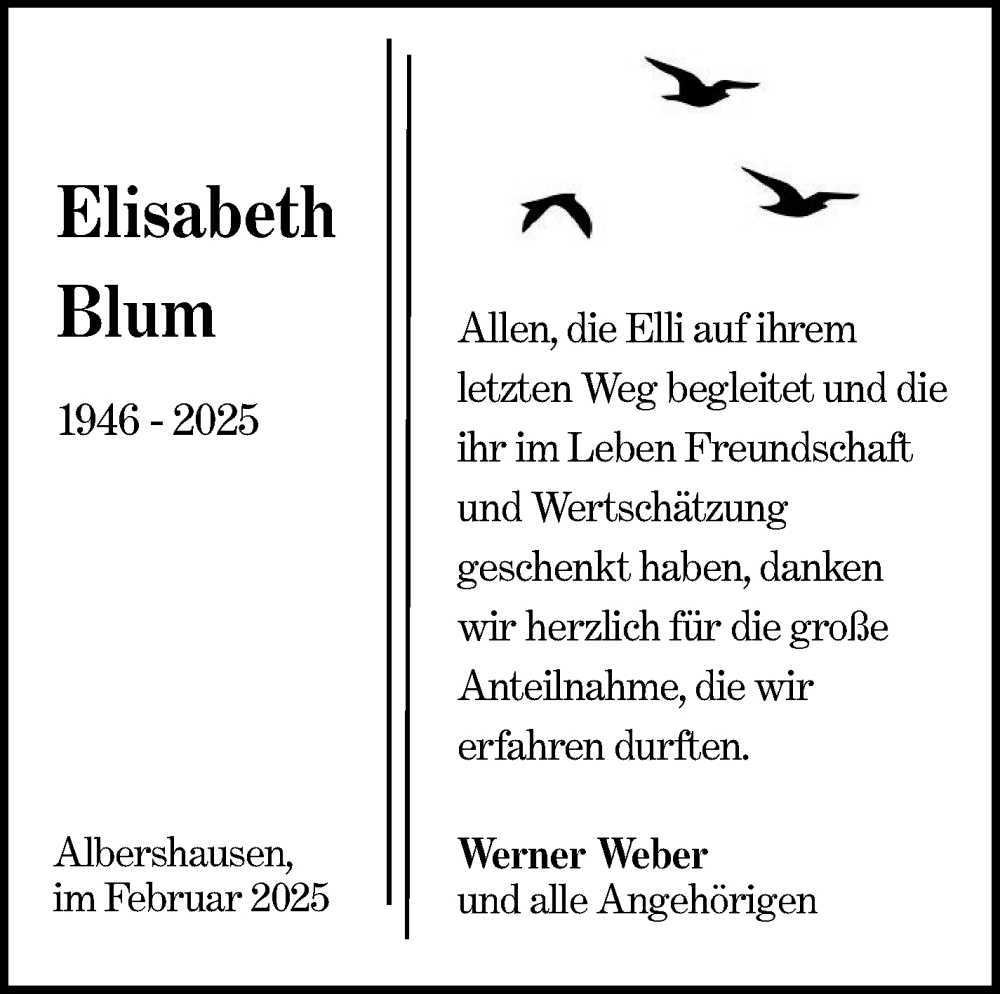 Traueranzeige für Elisabeth Blum vom 12.02.2025 aus Eßlinger Zeitung/Cannstatter Zeitung