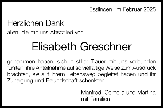 Traueranzeige von Elisabeth Greschner von Eßlinger Zeitung/Cannstatter Zeitung