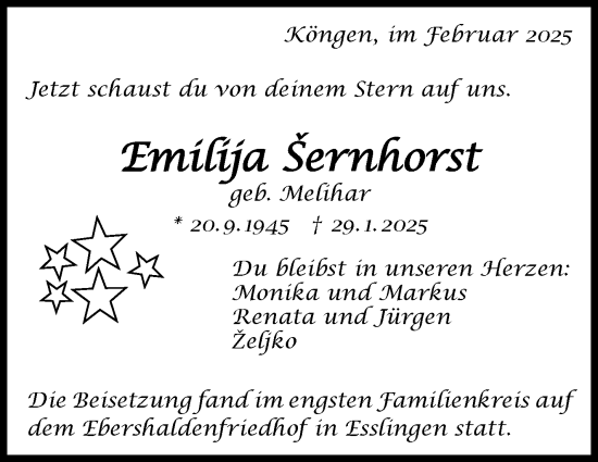 Traueranzeige von Emilija Sernhorst von Eßlinger Zeitung/Cannstatter Zeitung