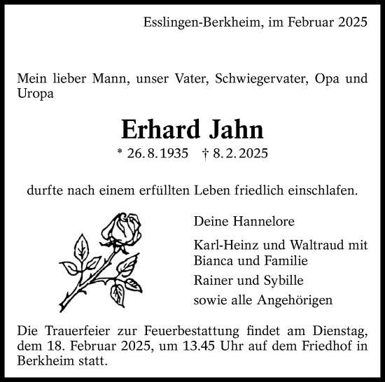 Traueranzeige von Erhard Jahn von Eßlinger Zeitung/Cannstatter Zeitung