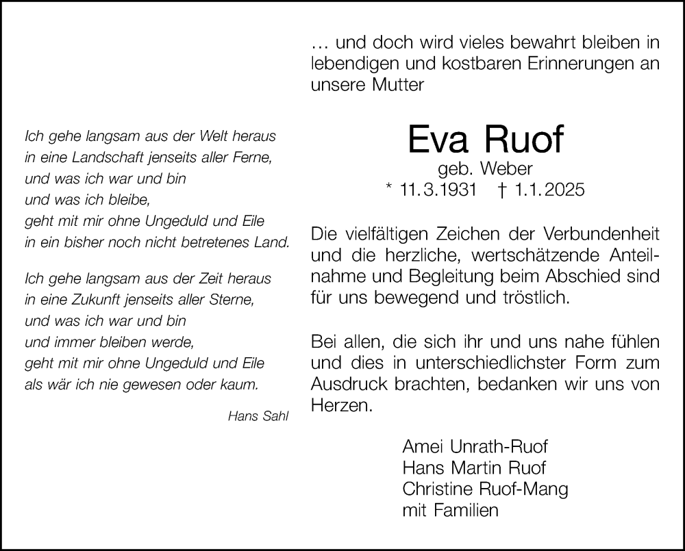  Traueranzeige für Eva Ruof vom 07.02.2025 aus Eßlinger Zeitung/Cannstatter Zeitung