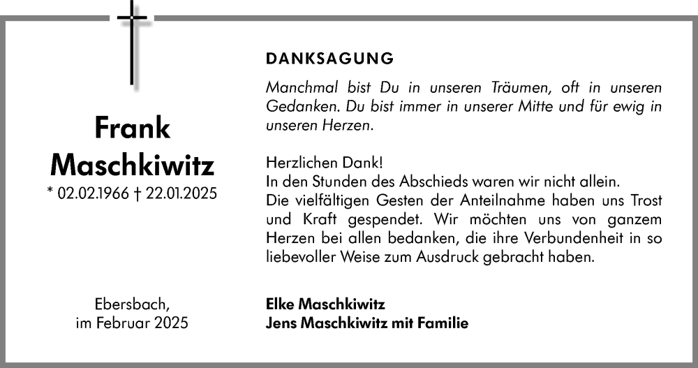  Traueranzeige für Frank Maschkiwitz vom 13.02.2025 aus Eßlinger Zeitung/Cannstatter Zeitung