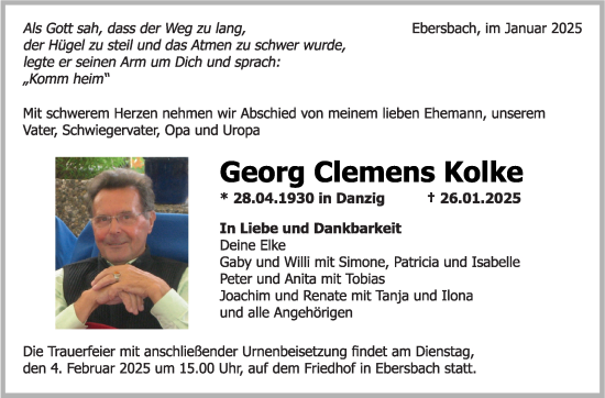 Traueranzeige von Georg Clemens Kolke von Eßlinger Zeitung/Cannstatter Zeitung