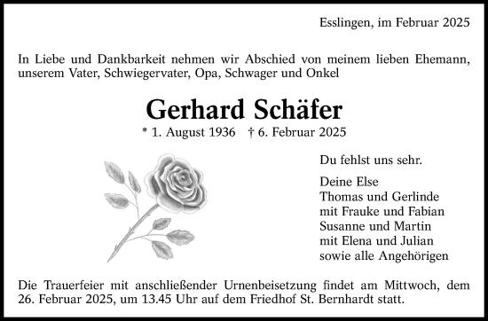 Traueranzeige von Gerhard Schäfer von Eßlinger Zeitung/Cannstatter Zeitung