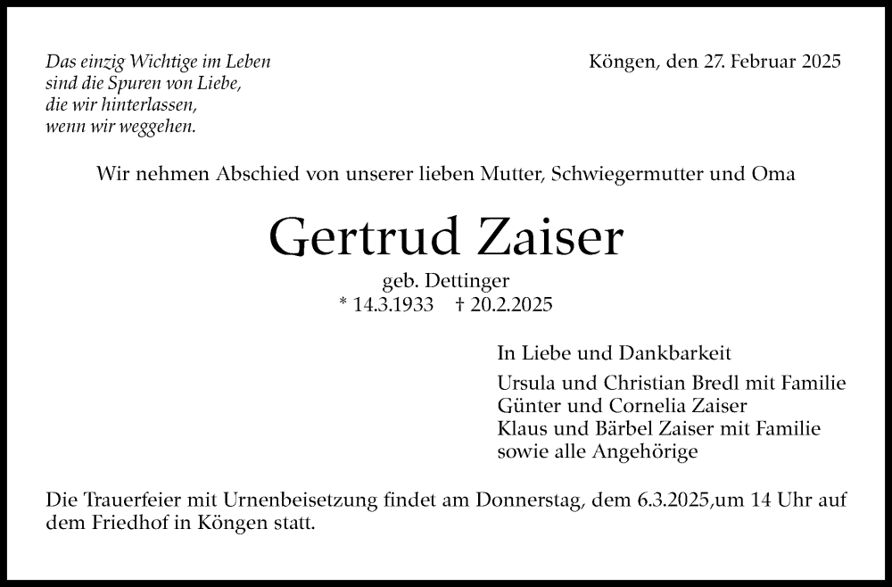  Traueranzeige für Gertrud Zaiser vom 27.02.2025 aus Eßlinger Zeitung