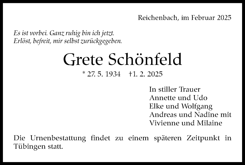  Traueranzeige für Grete Schönfeld vom 08.02.2025 aus Eßlinger Zeitung/Cannstatter Zeitung