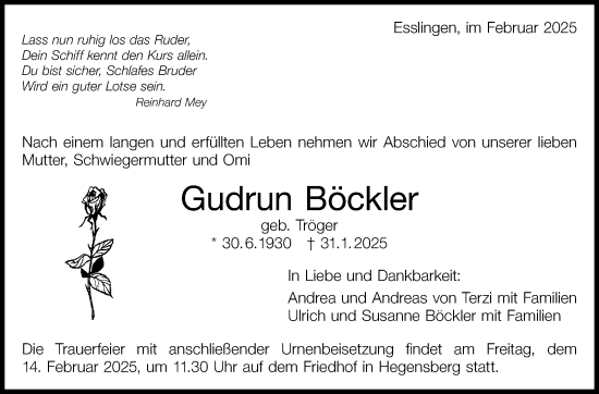Traueranzeige von Gudrun Böckler von Eßlinger Zeitung/Cannstatter Zeitung