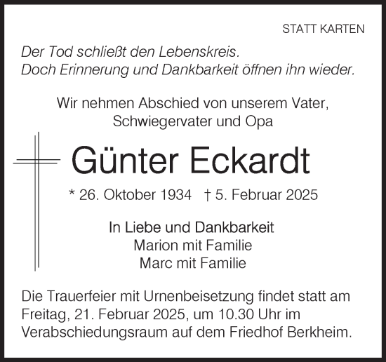 Traueranzeige von Günter Eckardt von Eßlinger Zeitung/Cannstatter Zeitung