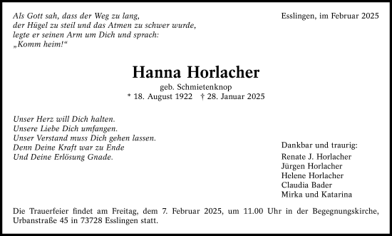 Traueranzeige von Hanna Horlacher von Eßlinger Zeitung/Cannstatter Zeitung