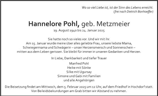 Traueranzeige von Hannelore Pohl von Eßlinger Zeitung/Cannstatter Zeitung