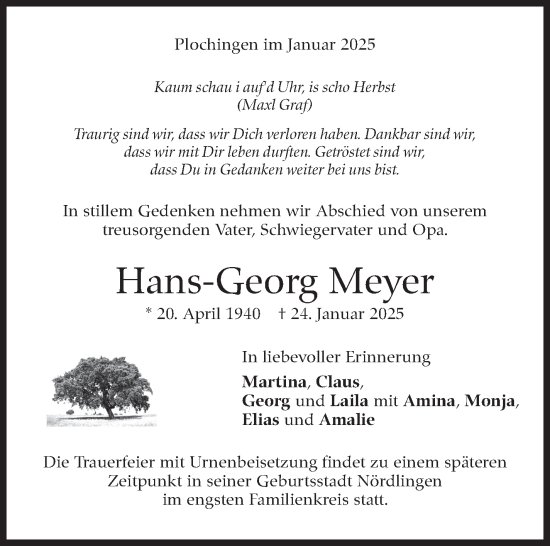 Traueranzeige von Hans-Georg Meyer von Eßlinger Zeitung/Cannstatter Zeitung