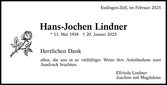 Traueranzeige von Hans-Jochen Lindner von Eßlinger Zeitung/Cannstatter Zeitung