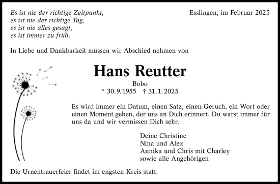 Traueranzeige von Hans Reutter von Eßlinger Zeitung/Cannstatter Zeitung