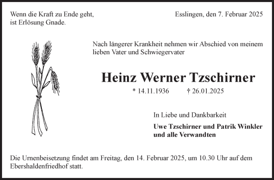 Traueranzeige von Heinz Werner Tzschirner von Eßlinger Zeitung/Cannstatter Zeitung