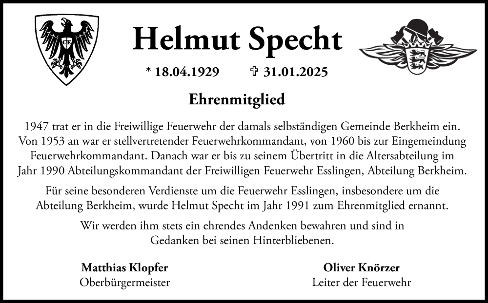  Traueranzeige für Helmut Specht vom 15.02.2025 aus Eßlinger Zeitung/Cannstatter Zeitung