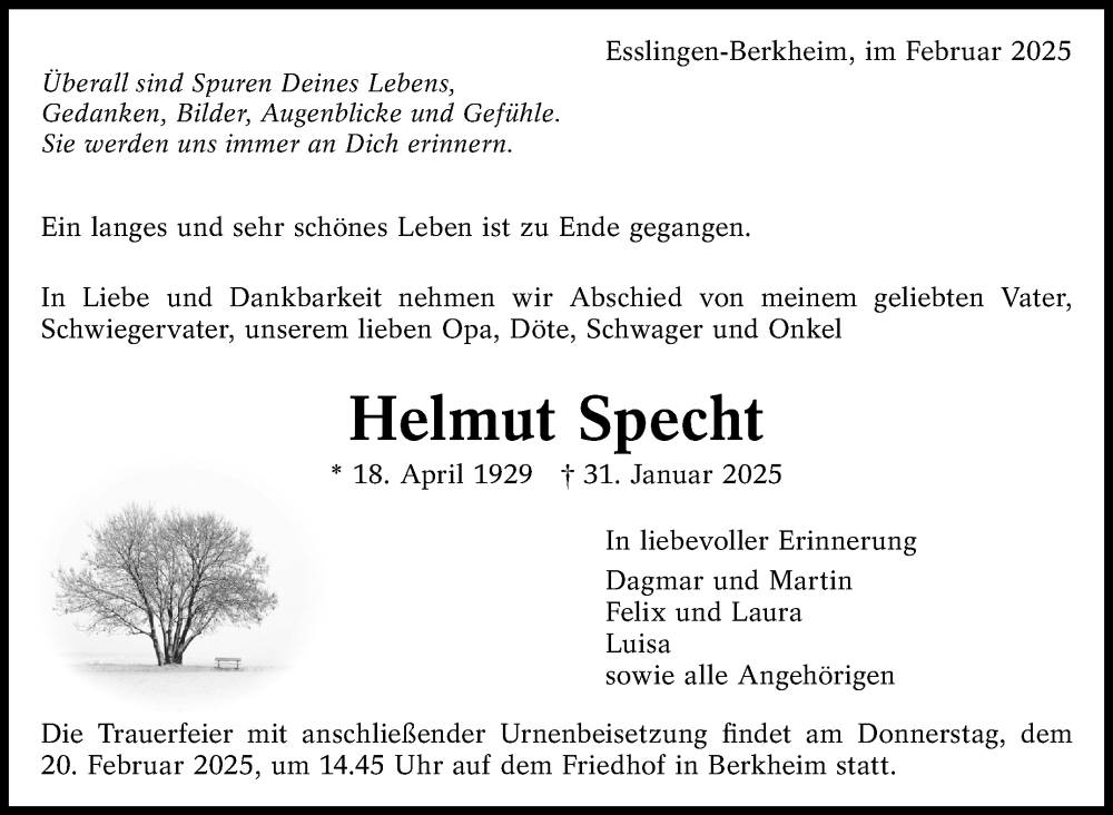  Traueranzeige für Helmut Specht vom 15.02.2025 aus Eßlinger Zeitung/Cannstatter Zeitung