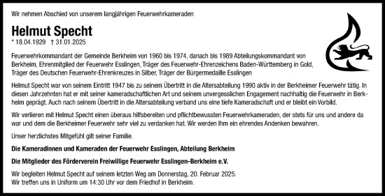 Traueranzeige von Helmut Specht von Eßlinger Zeitung/Cannstatter Zeitung