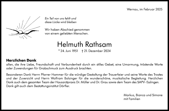 Traueranzeige von Helmuth Rathsam von Eßlinger Zeitung/Cannstatter Zeitung