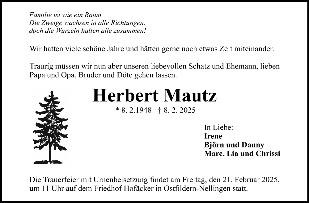  Traueranzeige für Herbert Mautz vom 15.02.2025 aus Eßlinger Zeitung/Cannstatter Zeitung