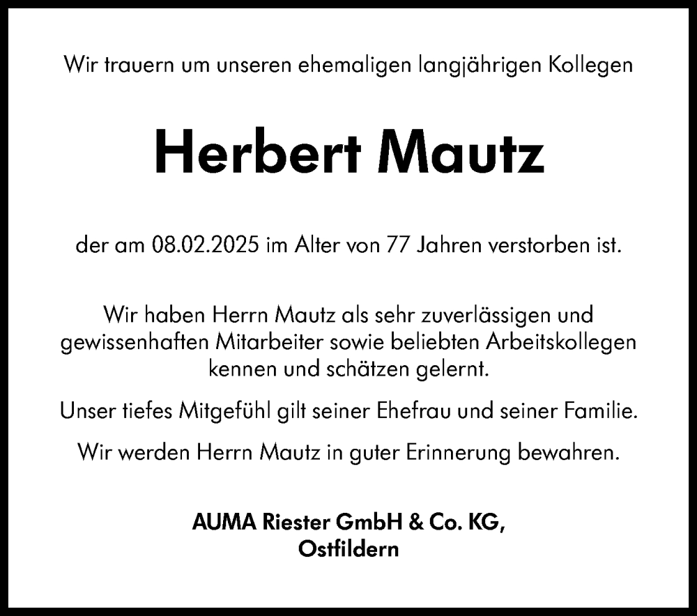  Traueranzeige für Herbert Mautz vom 15.02.2025 aus Eßlinger Zeitung/Cannstatter Zeitung