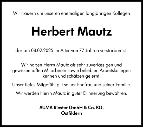 Traueranzeige von Herbert Mautz von Eßlinger Zeitung/Cannstatter Zeitung