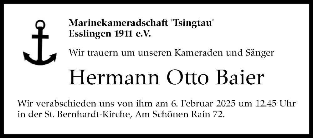  Traueranzeige für Hermann Otto Baier vom 04.02.2025 aus Eßlinger Zeitung/Cannstatter Zeitung