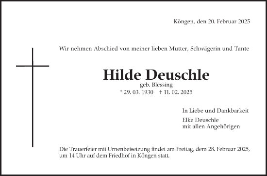 Traueranzeige von Hilde Deuschle von Eßlinger Zeitung/Cannstatter Zeitung