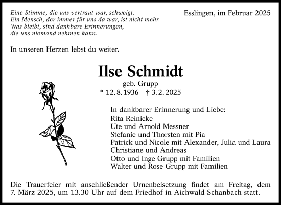 Traueranzeige von Ilse Schmidt von Eßlinger Zeitung