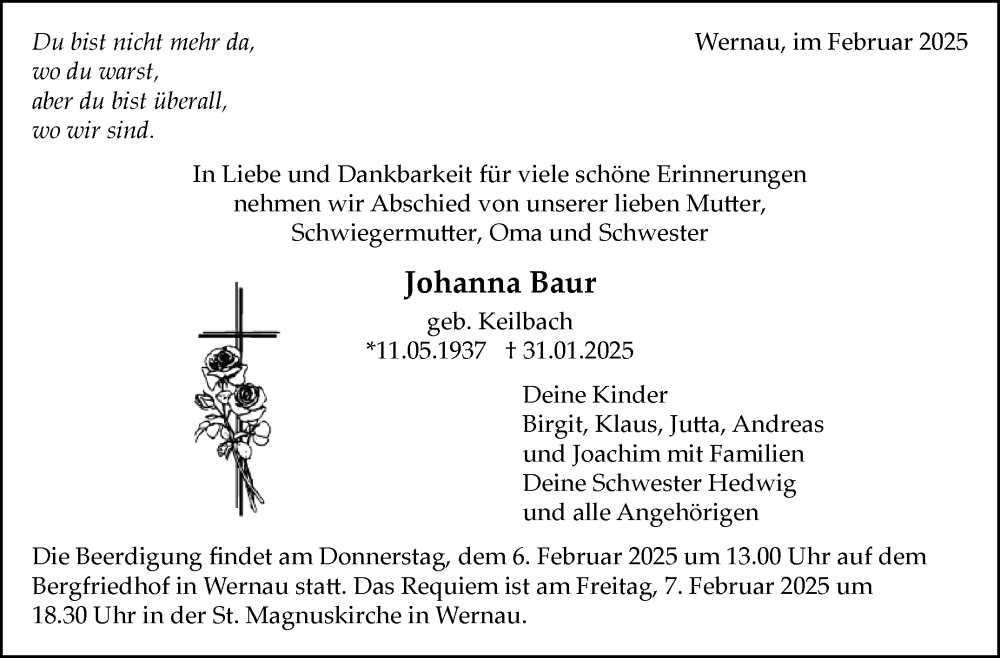  Traueranzeige für Johanna Baur vom 04.02.2025 aus Eßlinger Zeitung/Cannstatter Zeitung