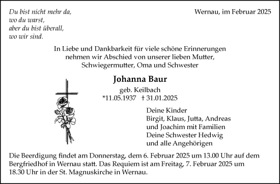 Traueranzeige von Johanna Baur von Eßlinger Zeitung/Cannstatter Zeitung