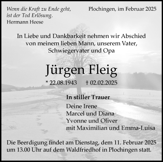 Traueranzeige von Jürgen Fleig von Eßlinger Zeitung/Cannstatter Zeitung