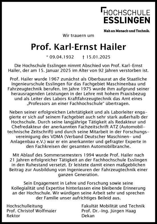 Traueranzeige von Karl-Ernst Hailer von Eßlinger Zeitung/Cannstatter Zeitung