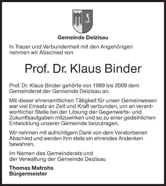Traueranzeige von Klaus Binder von Eßlinger Zeitung/Cannstatter Zeitung