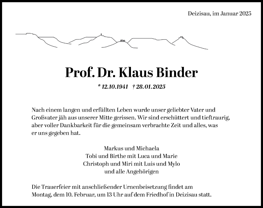  Traueranzeige für Klaus Binder vom 01.02.2025 aus Eßlinger Zeitung/Cannstatter Zeitung