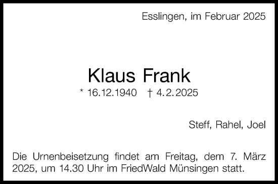 Traueranzeige von Klaus Frank von Eßlinger Zeitung/Cannstatter Zeitung