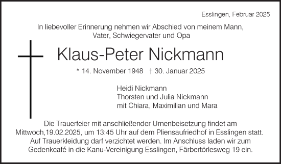 Traueranzeige von Klaus-Peter Nickmann von Eßlinger Zeitung/Cannstatter Zeitung