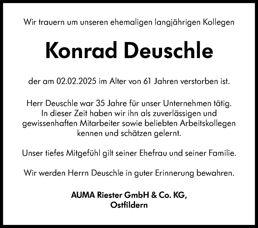 Traueranzeige für Konrad Deuschle vom 12.02.2025 aus Eßlinger Zeitung/Cannstatter Zeitung