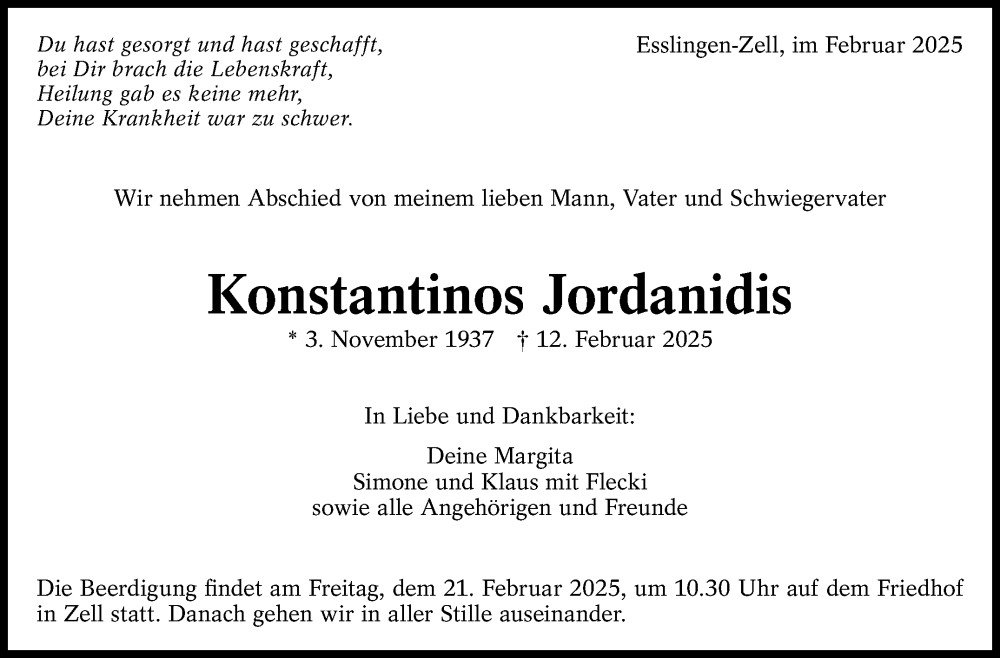  Traueranzeige für Konstantinos Jordanidis vom 15.02.2025 aus Eßlinger Zeitung/Cannstatter Zeitung