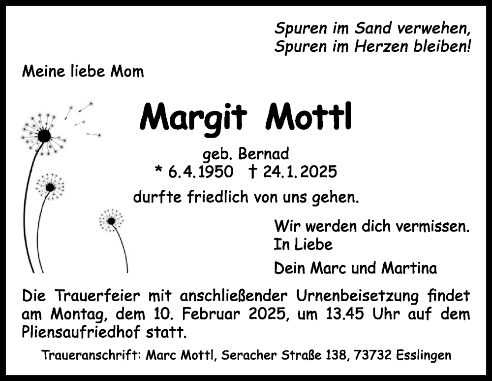  Traueranzeige für Margit Mottl vom 01.02.2025 aus Eßlinger Zeitung/Cannstatter Zeitung