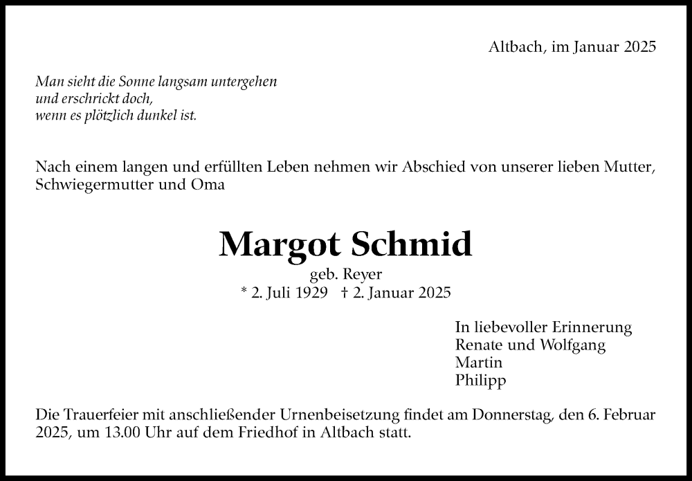  Traueranzeige für Margot Schmid vom 01.02.2025 aus Eßlinger Zeitung/Cannstatter Zeitung