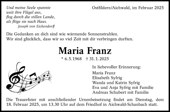 Traueranzeige von Maria Franz von Eßlinger Zeitung/Cannstatter Zeitung