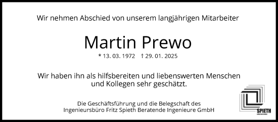 Traueranzeige von Martin Prewo von Eßlinger Zeitung/Cannstatter Zeitung