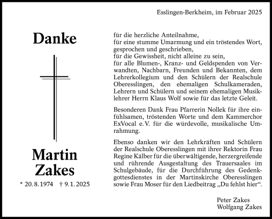 Traueranzeige von Martin Zakes von Eßlinger Zeitung/Cannstatter Zeitung